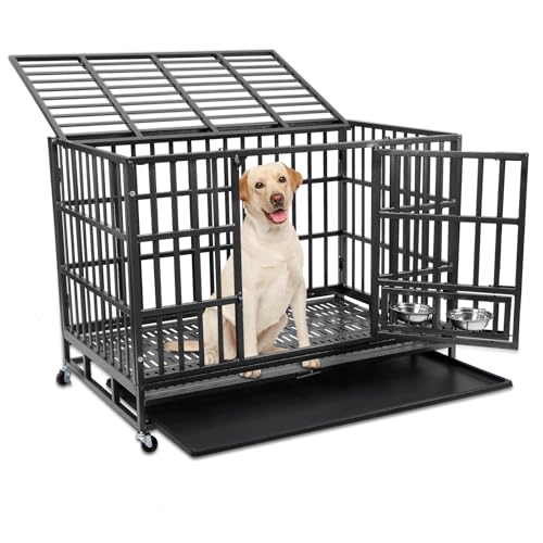 EOXNYZR 48 Zoll Heavy Duty Unzerstörbarer Hundekäfig mit Futternäpfen, Extra großer Hundekäfig Zwinger mit vier feststellbaren Rädern, Abnehmbares Tablett, Kiste Indoor für große Hunde von EOXNYZR