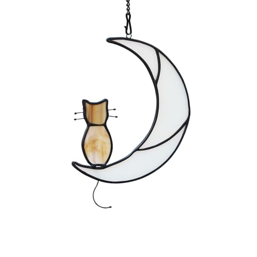 EPOGIFTS Katze auf Mond Dekor Buntglas Sonnenfänger für Fenster, Katzen-Gedenkgeschenke für Katzenliebhaber, orangefarbene Katze, Ornament, Buntglas-Fenster zum Aufhängen, Haustier-Katzen-Erinnerung, von EPOGIFTS