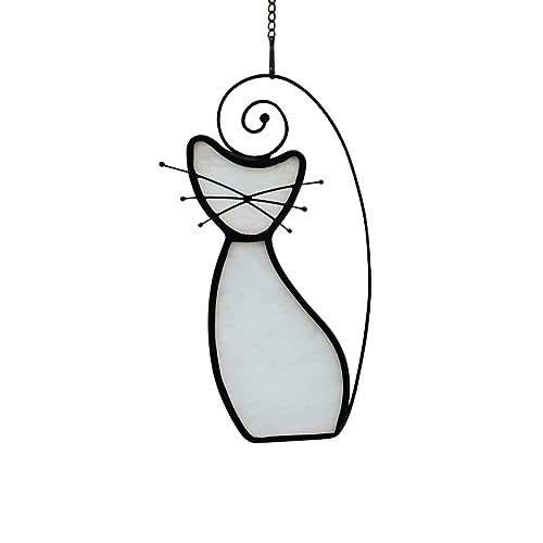 EPOGIFTS Weiße Katze Buntglas-Fenster zum Aufhängen, Katzendekoration, Katzengeschenke für Katzenliebhaber, Buntglas-Sonnenfänger für Fenster, Katzen-Heimdekoration für Kinderzimmer, Wohnzimmer, von EPOGIFTS