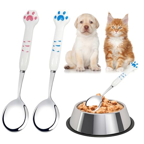 EQLEF Katzen löffel Katze Edelstahl, Paw Cat Can Spoon Hundelöffel aus Edelstahl zum Füttern von Nassfutter für Haustiere (Rosa, blau) von EQLEF