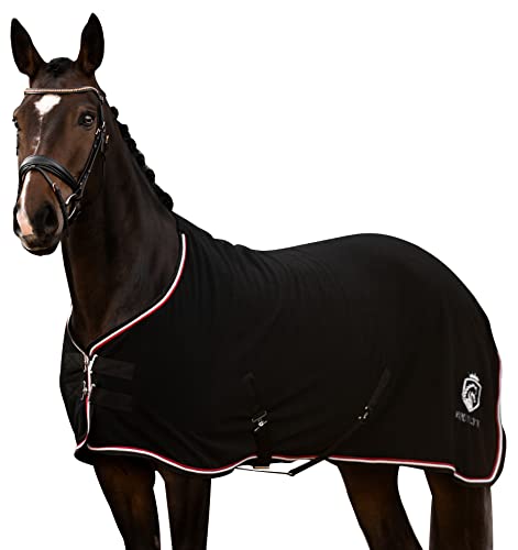 EQUILYX® Abschwitzdecke Pferd mit Kreuzgurten [perfekte Passform] Fleecedecke Stalldecke Transportdecke wärmend feuchtigkeitsabsorbierend atmungsaktiv (Schwarz, 135cm) von EQUILYX