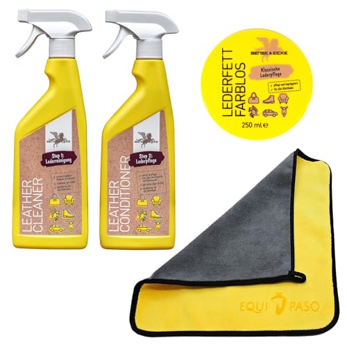 EQUIPASO Lederpflege Set | B&E Lederreiniger 500 ml + B&E Leder Conditioner 500 ml + B&E Lederfett farblos 250 ml + Premium Mikrofasertuch | reinigt und pflegt Sättel, Zaumzeug von EQUIPASO