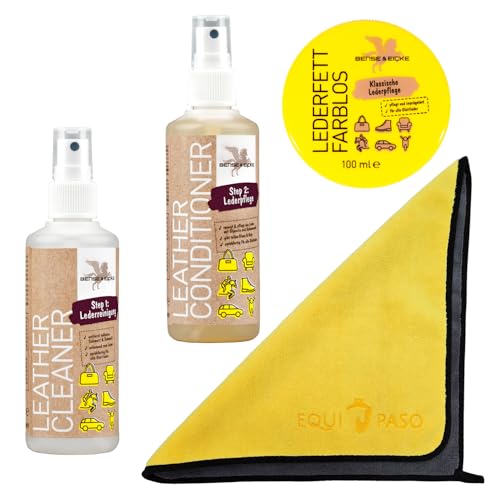 EQUIPASO Lederpflege Test Set | B&E Lederreiniger 100 ml + B&E Leder Conditioner 100 ml + B&E Lederfett farblos 100 ml + Premium Mikrofasertuch | reinigt und pflegt Sättel, Zaumzeug von EQUIPASO