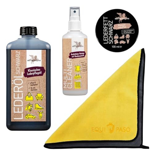 EQUIPASO Premium Lederpflege Set | B&E Lederöl 1 Liter schwarz + B&E Lederfett schwarz 100 ml + B&E Multi Cleaner 95 ml + Premium Mikrofasertuch | reinigt und pflegt Sättel, Zaumzeug von EQUIPASO