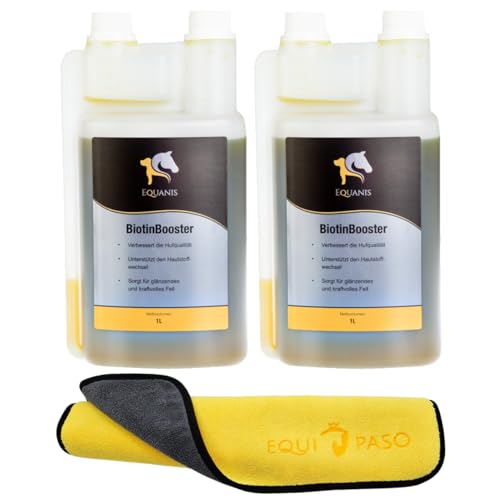 Equanis Set | Biotin Booster | 2X 1 Liter flüssig | Gute Hufe, besseres Fell & Haut, Nahrungsergänzung für Pferde + Equipaso Profi Mikrofaser Tuch Gratis von EQUIPASO