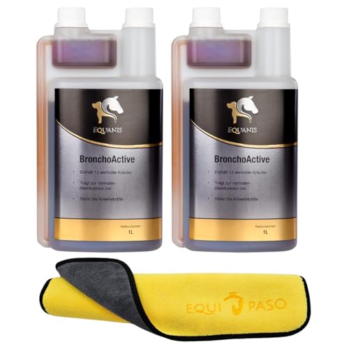 Equanis Set | Broncho Active | 2X 1 Liter flüssig | Stärkt das Immunsystem und lindert den Hustenreiz, natürliche Nahrungsergänzung für Pferde + Equipaso Mikrofaser Tuch Gratis von EQUIPASO