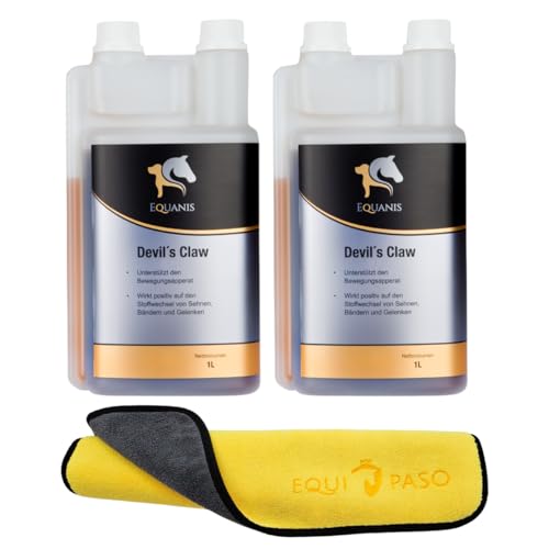 Equanis Set | Devil´s Claw | 2X 1 Liter flüssig | Flüssige Teufelskralle – Natürliche Schmerz- und Entzündungshemmung bei Beschwerden des Bewegungsapparates + Equipaso Mikrofaser Tuch von EQUIPASO