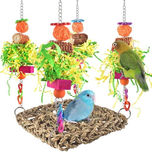 ERKOON Conure Toys Vogelspielzeug für Nymphensittiche, Schaukelmatte für Papageien, Klettern, Hängematte, Wand mit buntem Spielzeug für Vögel, zum Zerkleinern von Seegras, Vogelkäfig-Spielzeugzubehör von ERKOON