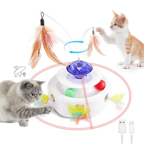 EROMMY 4 IN 1 Elektrisch Interaktives Katzenspielzeug,Diamond Katzenspielzeug Elektrisch USB,Selbstbeschäftigung katzenspielzeug, Automatisch Spielzeug mit Feder&2 Trackball&Zufällige Maus von EROMMY