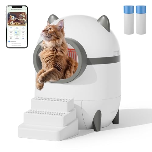 EROMMY Selbstreinigende Katzentoilette,75 L automatisches katzenklo mit APP,Sieb und Treppe Anti Pinch Self Cleaning Cat Litter Box,selbstreinigende katzentoilette für Mehrere Katzen (Weiss) von EROMMY