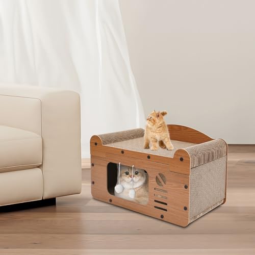 ERnonde 2 in 1 Wellpapier Katzenhaus mit Spielbällen und Katzenkratzbrett Kratzmatte Katze Kratzbrett für Katzen Katzenbett für Unterbringung von Katzen, Kätzchen, Hunden Haustieren unter 22,05 Pfund von ERnonde