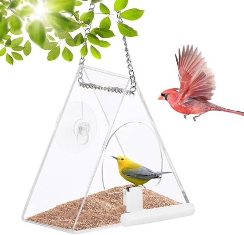 Fenster-Vogelhäuschen mit starken Saugnäpfen und Kette, kann am Fenster aufgehängt und angesaugt Werden, transparentes Vogelhäuschen for Fenster, Vogelhäuschen geeignet for den Garten(Triangular) von ESESE