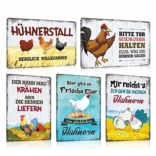 ESFIVHO 5er Set Hühner Blechschild mit Lustig Spruch - Vintage Hühnerstall Huhn Hahn Eier Metall-Schild - Shabby Chic Schild Hühner Deko Geschenk als Hühnerstall Zubehör 20x30cm von ESFIVHO