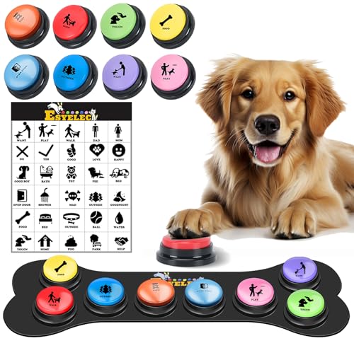 Hundeknöpfe für Kommunikation Starter Pack 8 Hund Sprechtaste Set, 30s Sprachaufnahme Sprechtaste Haustier Sprachtraining Buzzers mit 30 Szenenaufklebern und Hundeknopfmatte für Tiertraining von ESYELEC