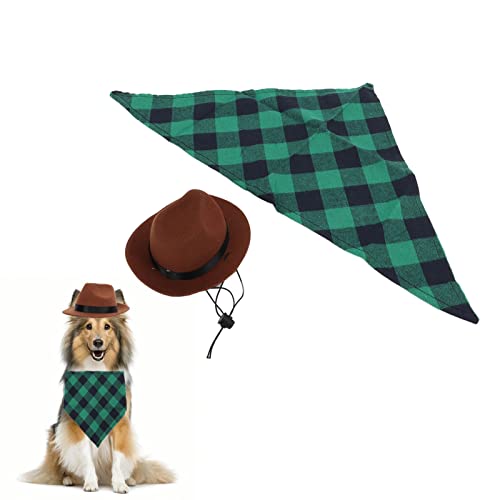 Verstellbares Haustier-Cowboyhut- und Schal-Hundekostüm-Set für Halloween-Party-Rollenspiele (Brown+Green Grid) von ETAINGYEUN