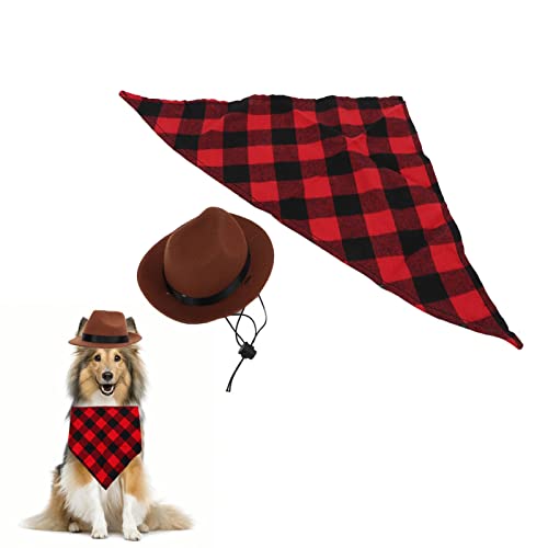 Verstellbares Haustier-Cowboyhut- und Schal-Hundekostüm-Set für Halloween-Party-Rollenspiele (Brown+red Grid) von ETAINGYEUN