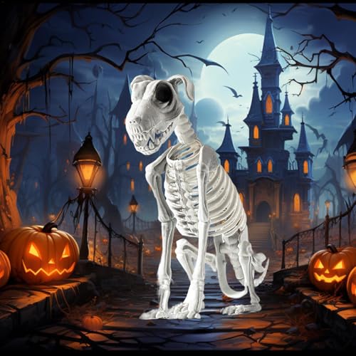 31x44cm Halloween Deko Skelett Hund Sitzende, Hundeskelett Halloween, Halloween Skelett Hunde Mit Scharfen Zähnen, Halloween Hunde Skelett, Gruselige Hundeskelett Mit Beweglichen Gelenken von ETUCYNG