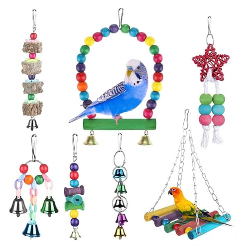 Vogelsittich-Spielzeug, Papageien-Trainingsspielzeug, Nymphensittich-Spielzeug-Zubehör, Vogel-Puzzle-Zubehör, Vogelspielzeug für Papageien, Vogelkäfig-Zubehör, Vogel-Kauspielzeug, 7 Stück, buntes Scha von EUBEISAQI