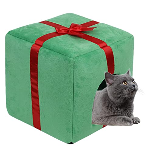 Weihnachtskatzenbett für Hauskatzen, Süßes Katzenzelt mit abnehmbarem, waschbarem, gepolstertem Kissen, Freistehendes Geschenkbox-förmiges Haustierbett für Katzen und Hunde im Innenbereich von EUBEISAQI