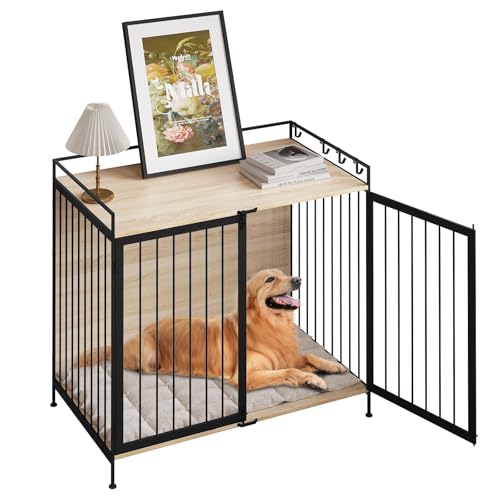 EUGAD Hundebox für Zuhause, Hundekäfig mit Tür, Hundehaus Hundegitter, Hundehütte Indoor, für große mittlere kleine Hunde, 104x92x60 cm, Beistelltisch, helle Eiche Schwarz, 0352GL von EUGAD