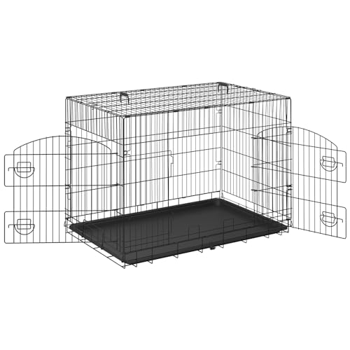 EUGAD Hundekäfig große Hunde, Hundetransportkäfig 108x76x69 cm, Hundebox für Zuhause Auto Transport, Gitterbox faltbar, mit 2 Türen Bodenwanne Griffen, aus Metall, Schwarz, 0347GL von EUGAD