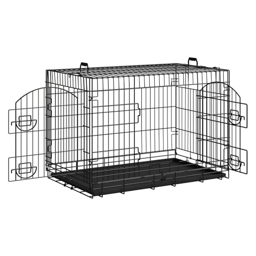 EUGAD Hundekäfig mittelgroße Hunde, Hundetransportkäfig 92x63x57 cm, Hundebox für Zuhause Auto Transport, Gitterbox faltbar, mit 2 Türen Bodenwanne Griffen, aus Metall, Schwarz, 0348GL von EUGAD