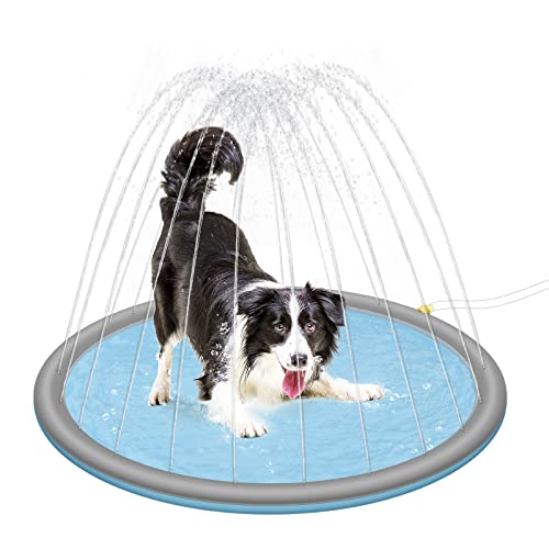EUGAD Hundepool mit Sprinkler Ø130 cm für mittelgroße Hunde, Wassersäule mit Einstellbarer Höhe und Richtung, Rutschfester Boden, faltbar, Grau Blau, 0023GYYC von EUGAD