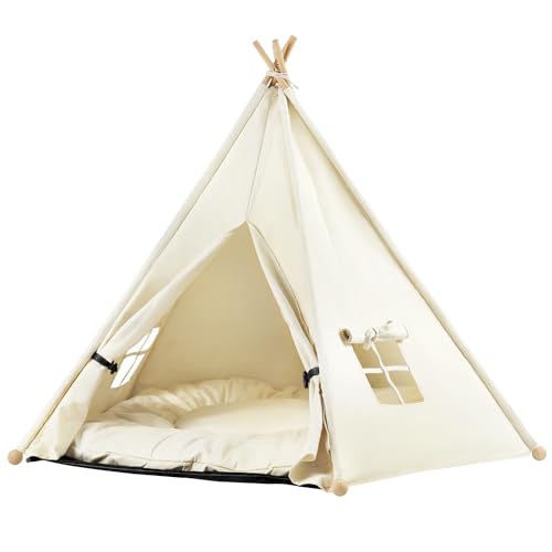 EUGAD Tipi Zelt für Haustiere, 75x98x75 cm, Hundezelt Katzenzelt abnehmbar waschbar, Katzenhöhle Hundehöhle, Hundehütte Indoor, Hundehaus Katzenhaus mit Kissen, weiß, 0045GD von EUGAD