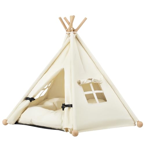 EUGAD Tipi Zelt für Haustiere, 48x60x44 cm, Hundezelt Katzenzelt abnehmbar waschbar, Katzenhöhle Hundehöhle, Hundehütte Indoor, Hundehaus Katzenhaus mit Kissen, weiß, 0043GD von EUGAD