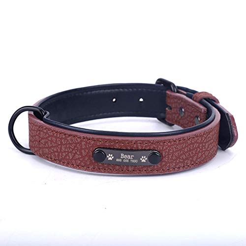 EUSFIYY Benutzerdefinierte PU Leder personalisierte Haustier Hundemarke Halsband führen für kleine mittelgroße Hunde Pitbull Bulldogge Hundehalsband-Brown_XL von EUSFIYY