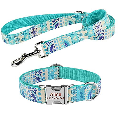 EUSFIYY Halsband Set Hundeleine Benutzerdefinierte Hundehalsbänder Nylon Personalisierte Hundemarke Halsband Blei für kleine mittelgroße Hunde-Blue_Set_L von EUSFIYY