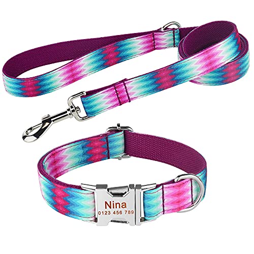 EUSFIYY Halsband Set Hundeleine Benutzerdefinierte Hundehalsbänder Nylon Personalisierte Hundemarke Halsband Blei für kleine mittelgroße Hunde-Purple_Set_XS von EUSFIYY