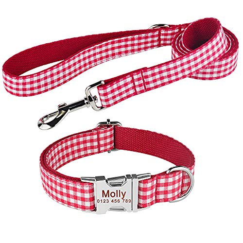 EUSFIYY Halsband Set Hundeleine Benutzerdefinierte Hundehalsbänder Nylon Personalisierte Hundemarke Halsband Blei für kleine mittelgroße Hunde-Red_Grid_Set_L von EUSFIYY