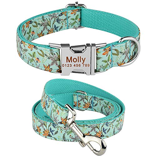 EUSFIYY Hundehalsband Personalisiert Gravierter ID-Name Reflektierendes Nylon XS-L Hundehalsband Leinen-Set ID-Name Telefonnummer Tag-Green_Leash_Collar_Set_M__ von EUSFIYY