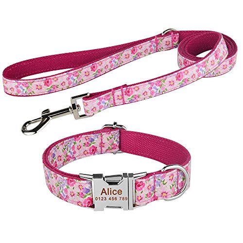 EUSFIYY Hundehalsband Personalisiert Gravierter ID-Name Reflektierendes Nylon XS-L Hundehalsband Leinen-Set ID-Name Telefonnummer Tag-Pink_Leash_Collar_Set_M__ von EUSFIYY