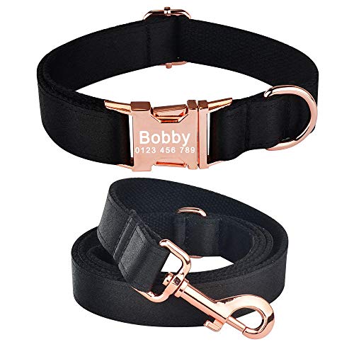 EUSFIYY Hundehalsband Personalisierter gravierter ID-Name Reflektierendes Nylon XS-L Hundehalsband-Leine Set-ID-Name Telefonnummer Tag-Black_Leash_Collar_Set_M__ von EUSFIYY