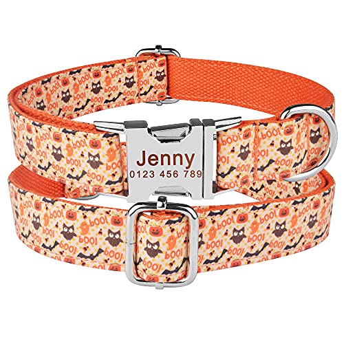 EUSFIYY Kleine große personalisierte Nylon Hundehalsband Haustier ID Tag benutzerdefinierte gravierte Name Hunde Halsbänder kleine mittel große Hunde-Orange_M (43-48cm) von EUSFIYY