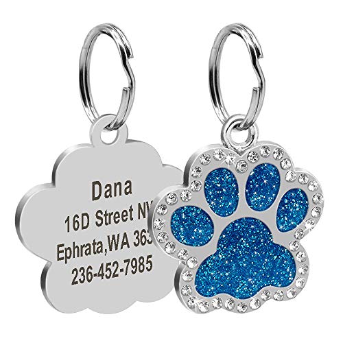 EUSFIYY Namensschild Hundemarke Bling Dog ID Tag Personalisierte Wunderschöne Dog Tags für kleine mittelgroße Hundefußabdruck Benutzerdefinierte Pet Name Tag Plate Collar Zubehör-043-Blau-3cm-M von EUSFIYY