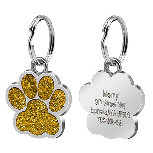 EUSFIYY Namensschild Hundemarke Bling Dog ID Tag Personalisierte Wunderschöne Dog Tags für kleine mittelgroße Hundefußabdruck benutzerdefinierte Pet Name Tag Plate Collar Zubehör-016-Gold-2.4cm-M von EUSFIYY