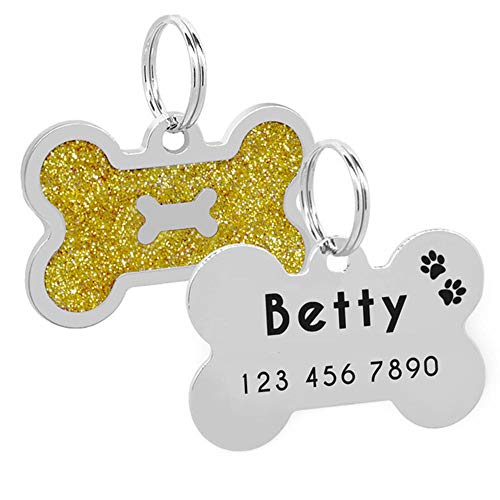 EUSFIYY Namensschild Hundemarke Haustier-ID-Tags Personalisierte Hundenamensschild für kleine und große Hundehalsbänder Haustierzubehör Glänzende Knochenpfote -C-Gelb-Universal-Größe von EUSFIYY