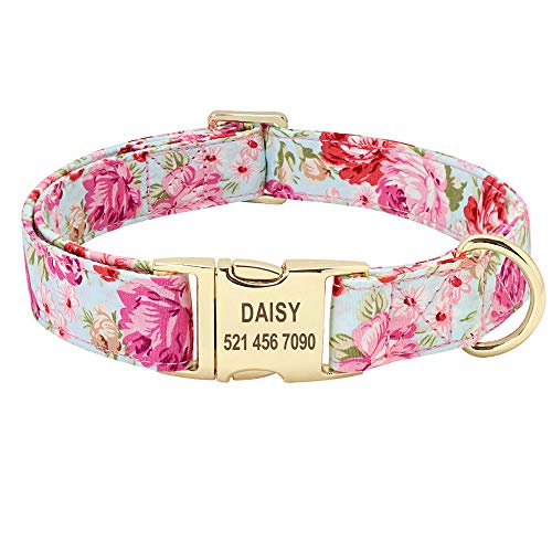 EUSFIYY Personalisiertes gedrucktes Hundehalsband-Leinen- Set Individuelles Nylon-Haustierhalsband-Leine Graviertes Typenschild für kleine mittelgroße große Hunde-Pink_Collar_L von EUSFIYY