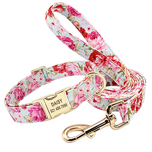 EUSFIYY Personalisiertes gedrucktes Hundehalsband-Leinen- Set Individuelles Nylon-Haustierhalsband-Leine Graviertes Typenschild für kleine mittelgroße große Hunde-Pink_Set_L von EUSFIYY