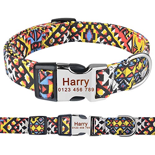 EUSFIYY Robustes personalisiertes Hundehalsband aus Nylon mit Blumenmuster und individuellem Gravur Hündchen Name SL-M_30-47cm__ von EUSFIYY