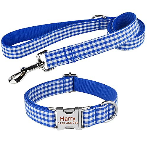 EUSFIYY Halsband Set Hundeleine Benutzerdefinierte Hundehalsbänder Nylon Personalisierte Hundemarke Halsband Blei für kleine mittelgroße Hunde-Blue_Grid_Set_L von EUSFIYY