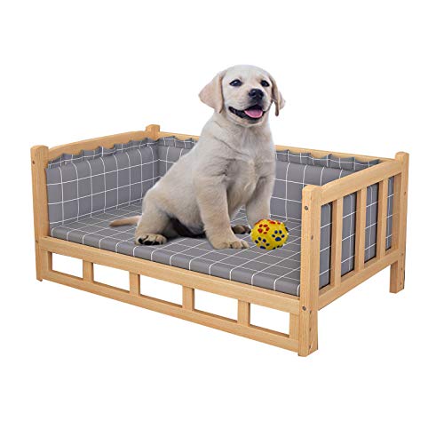 EUTYRG Graues erhöhtes Hundebett mit Treppe – Haustiersofabett mit Holzrahmen für Welpen/mittelgroße/große Hunde, waschbare weiche Matratze, Indoo von EUTYRG