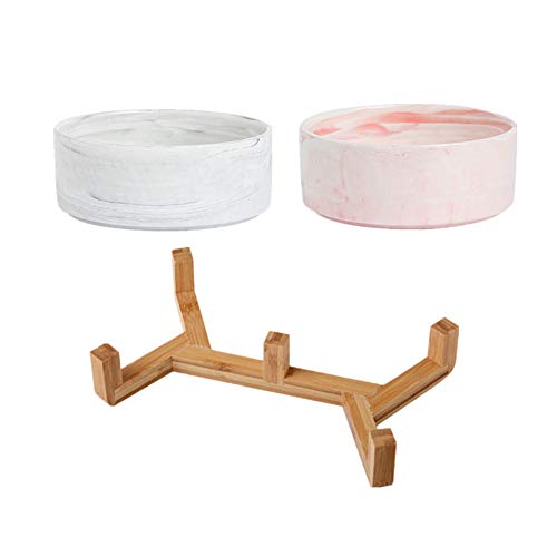 EUYIMOMO futternapf Katze,Cat Bowl Keramik Pet Bowl, Halsschutz Pet Bowl-Grau Pink Double Bowl + Holzrahmen Medium von EUYIMOMO