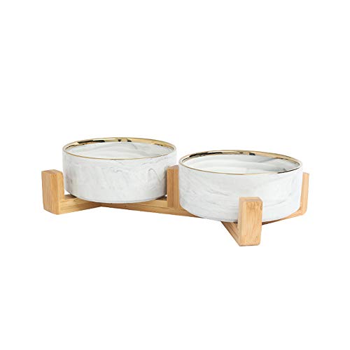 EUYIMOMO futternapf Katze,Cat Bowl Keramik Pet Bowl, Halsschutz Pet Bowl-Grey Gold Edge Double Bowl + Holzrahmen Medium von EUYIMOMO