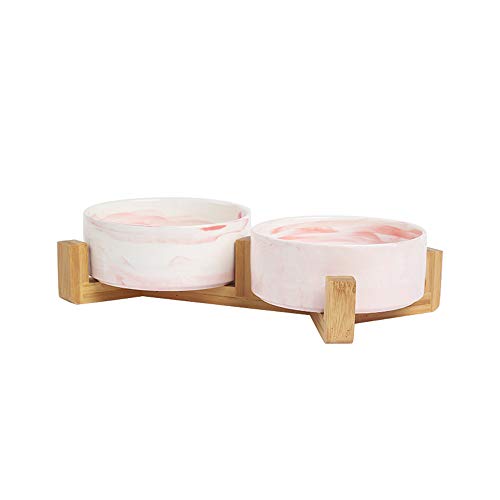 EUYIMOMO futternapf Katze,Cat Bowl Keramik Pet Bowl, Halsschutz Pet Bowl-Pink Double Bowl + Holzrahmen Medium von EUYIMOMO