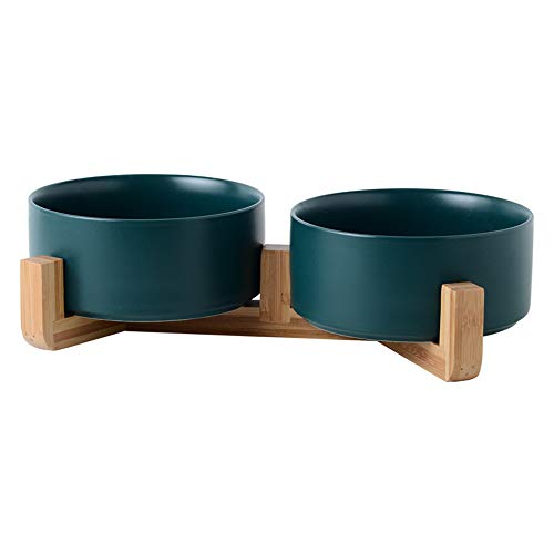 EUYIMOMO futternapf Katze,Keramik Double Bowl Pet Bowl, Holzständer Pet Bowl-Green Double Bowl Small + Holzständer von EUYIMOMO