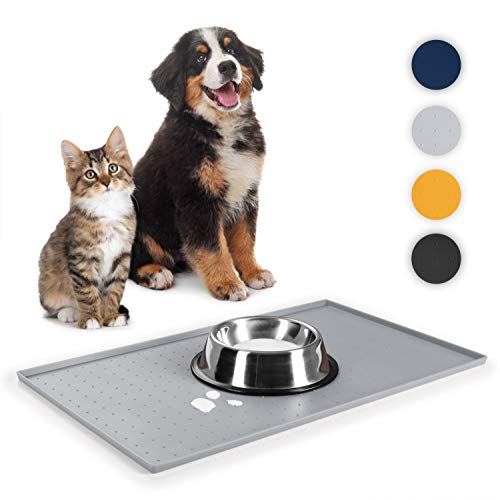 EVERANIMALS - rutschfeste Napfunterlage Hund Katzen mit erhöhtem Außenrand - Silikonmatte Fressnapf-Unterlage, Hundenapf Unterlage, 50x30cm, grau von EVERANIMALS